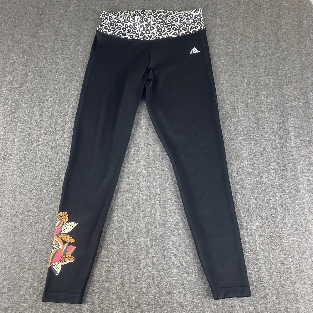 Adidas x FARM Leggings Women's Large Black Floral Print High Rise AEROREADY